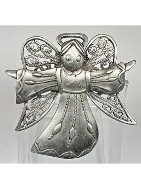 Vintage JJ Jonette Pewter Tone Angel w/ Filigree Wings Brooch Pin Pewter Tone